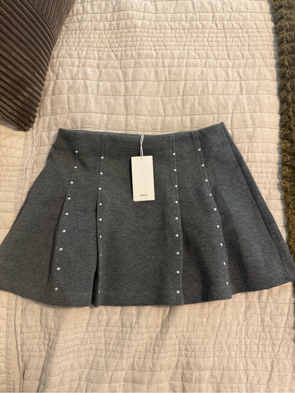 Mango Charcoal Grey Pleated Mini Skirt with Stud Accents